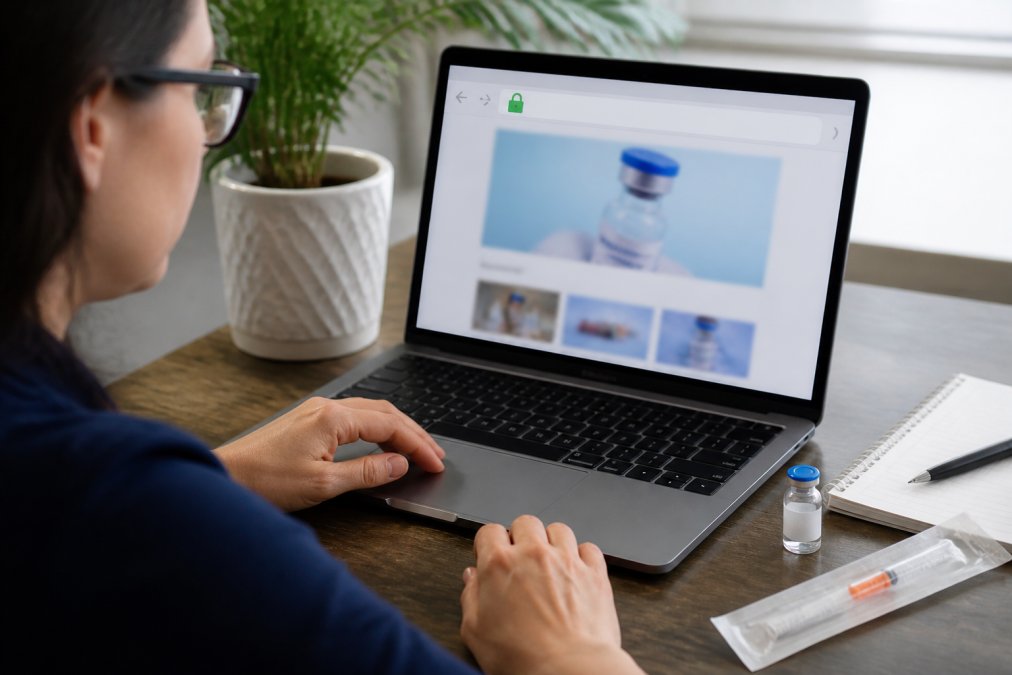 Person at a home desk reviewing a secure website on a laptop with a B12 injection vial visible nearby, showing SSL security indicator in browser