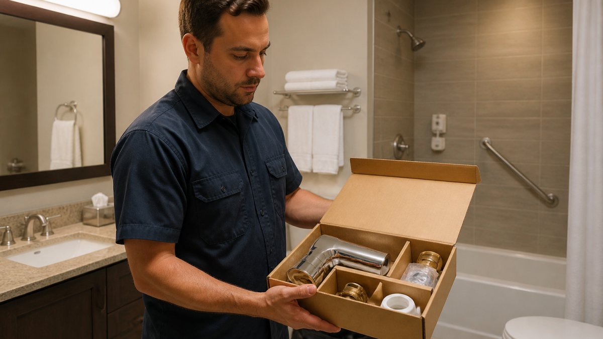 A maintenance technician in a hotel bathroom holding an open pre-kitted box of bathroom repair parts, with a chrome tub spout and brass fittings visible inside, fluorescent vanity lighting overhead