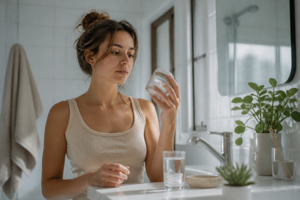 A health-conscious adult in a bright bathroom holding a small jar of natural toothpowder, looking at the label with a thoughtful expression, with a bamboo toothbrush and glass of water on the counter