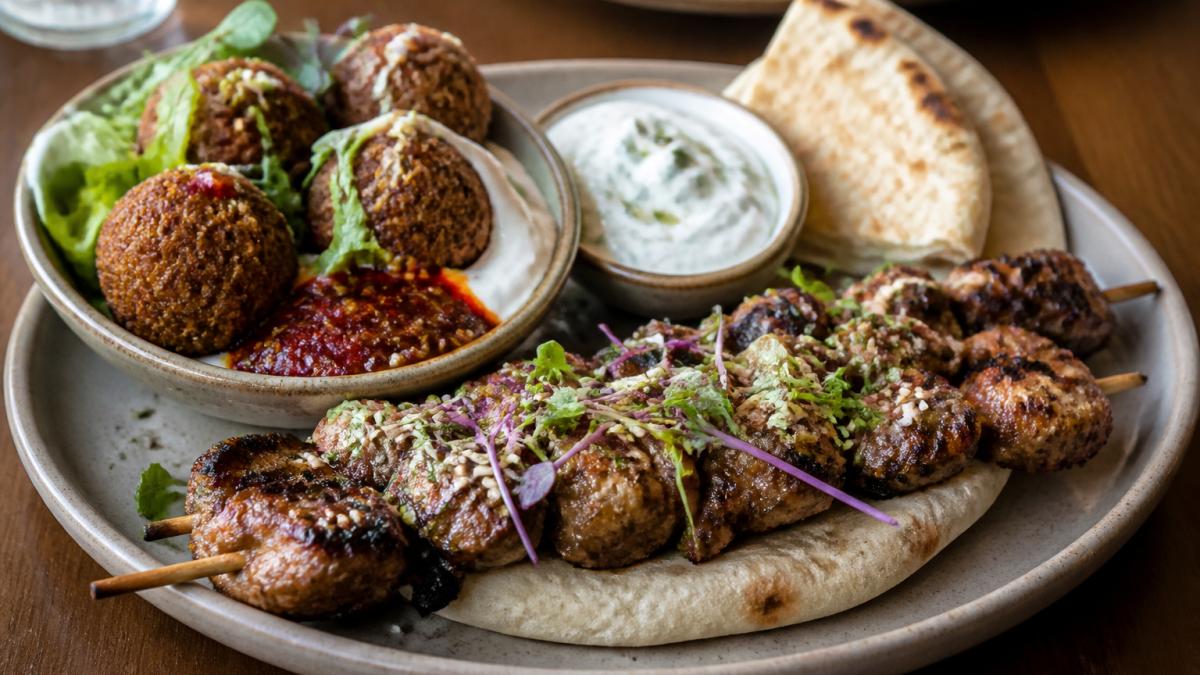 Close-up of charcoal-grilled souvlaki skewers and golden falafel bowl with house-made tzatziki and Asian-inspired chilli sauce, fresh pita, vibrant microgreens and sesame garnish on a modern ceramic plate