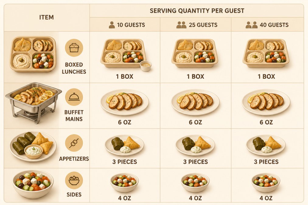 Infographic chart for greek catering services for corporate meetings showing suggested food portions by group size.