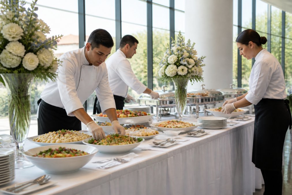 Professional catering staff in white uniforms setting up a formal buffet table with Greek serving platters, white linens, fresh flowers, and serving utensils at a bright corporate event venue with floor-to-ceiling windows
