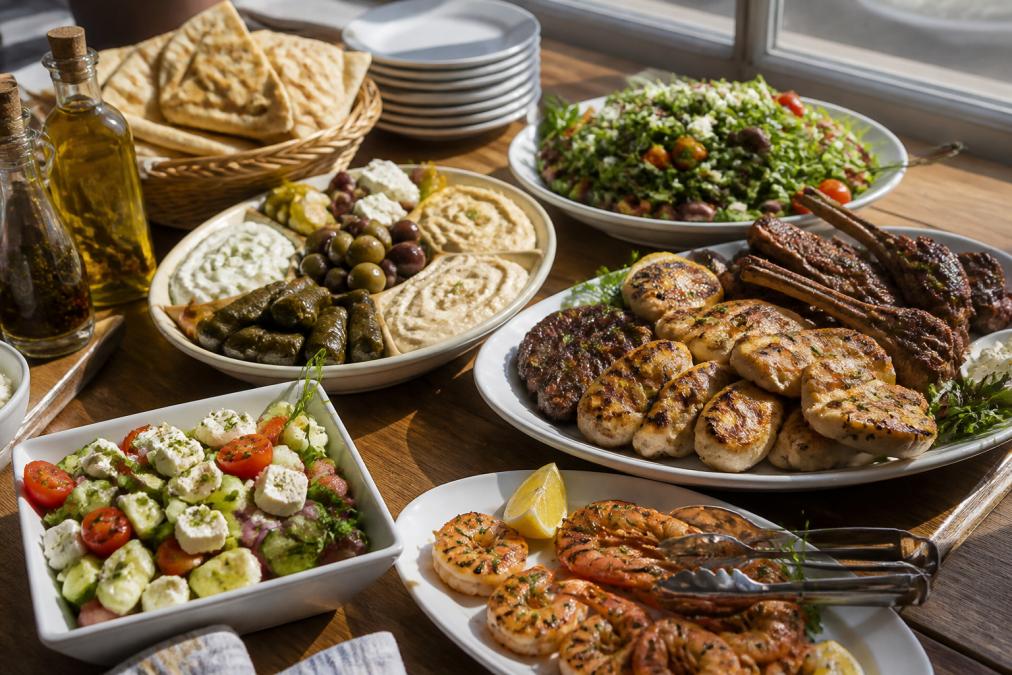 Vibrant spread of Greek catering platters with grilled lamb and chicken, mezze platters featuring olives, feta cheese, and hummus, fresh Mediterranean salads with tomatoes and cucumbers, grilled shrimp, and imported Greek olive oil visible in glass bottles on a wooden serving table with natural afternoon light