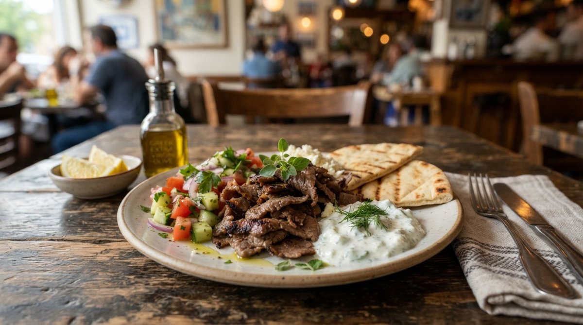 Close-up of a plated Greek dish featuring gyros with fresh tomato and cucumber salad, creamy tzatziki sauce, crumbled feta cheese, and warm pita bread on a rustic wooden table with olive oil and lemon wedges