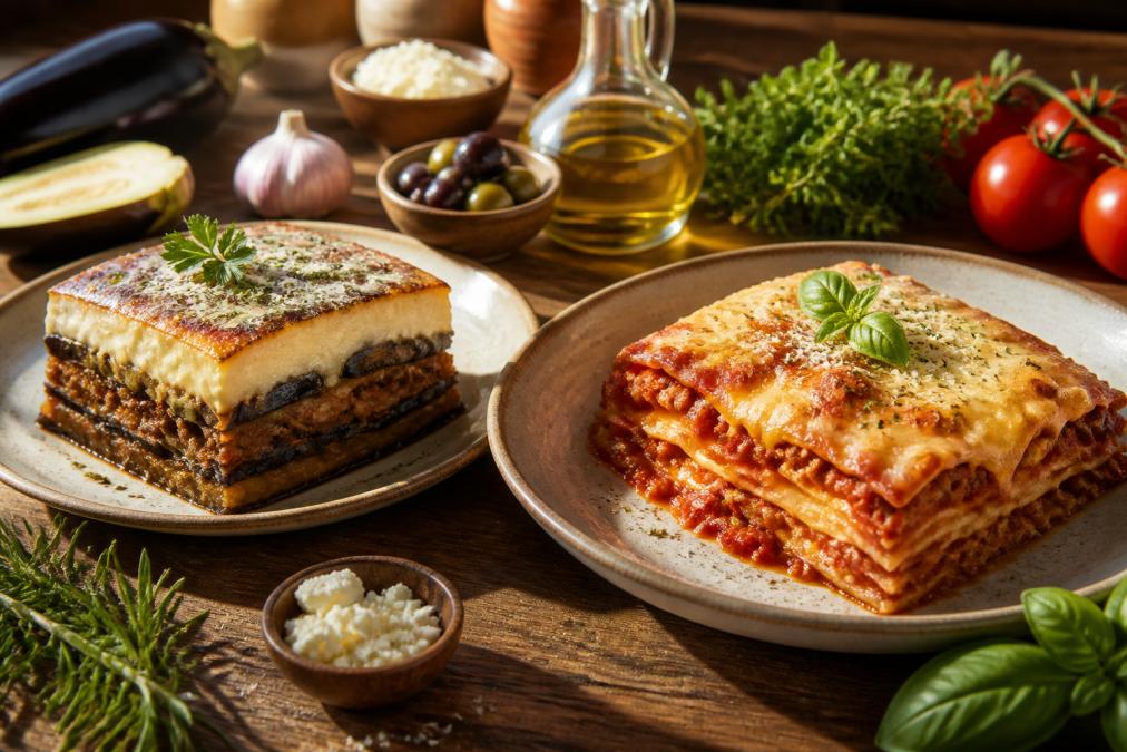 Infographic comparing Greek moussaka and Italian lasagna for greek food delivery orders