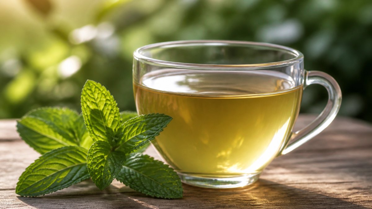 Infographic illustrating the health benefits of green and mint tea in a step-by-step wellness process