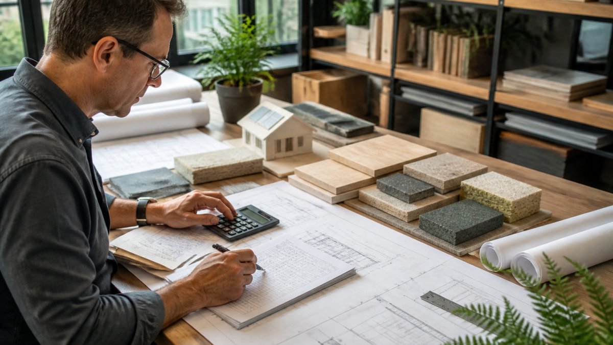 Architect reviewing energy performance data to calculate green building materials ROI at a desk with blueprints.