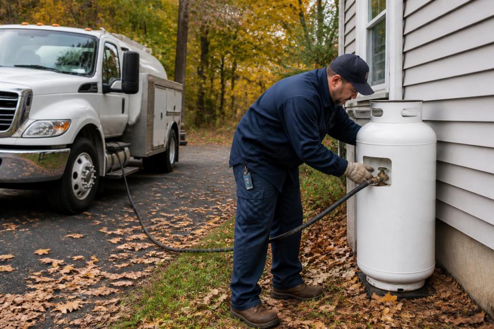 Propane delivery technician in uniform connecting a refill hose to a residential propane tank mounted on the side of a home, with a white delivery truck visible in the driveway and autumn leaves on the ground