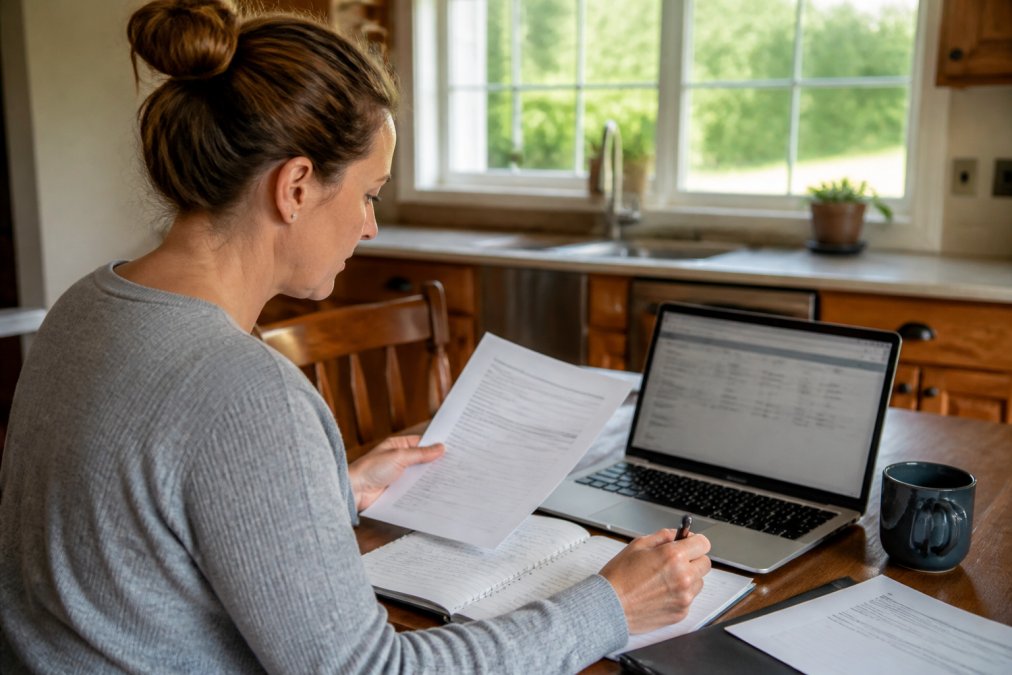 Homeowner sitting at a kitchen table with a laptop displaying propane account information, holding a pen and reviewing printed service documentation and contract papers, with natural morning light from a window behind