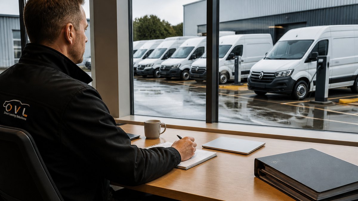 Fleet manager analyzing telematics data to support a green fleet transition with electric vans in the background