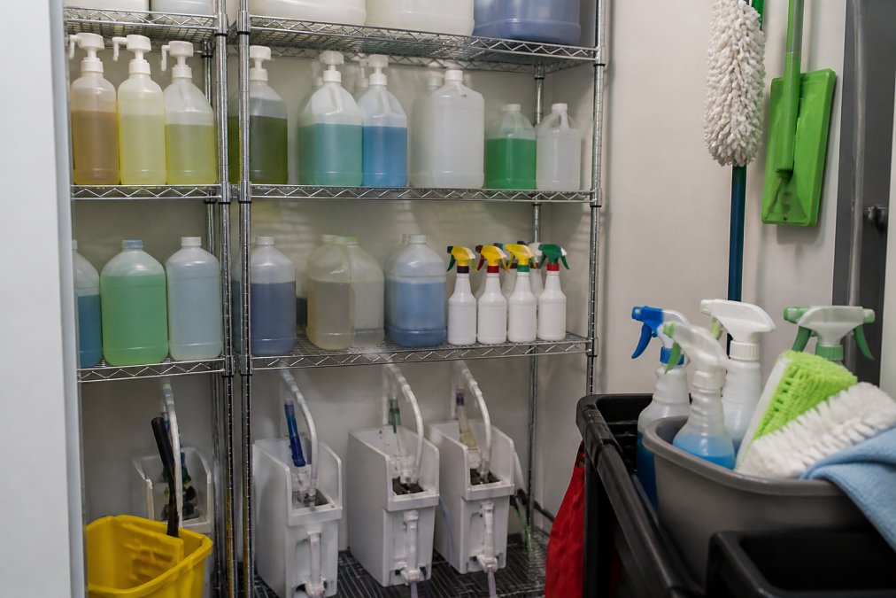 Concentrated green seal cleaning products and refillable spray bottles organized on a commercial office closet shelf