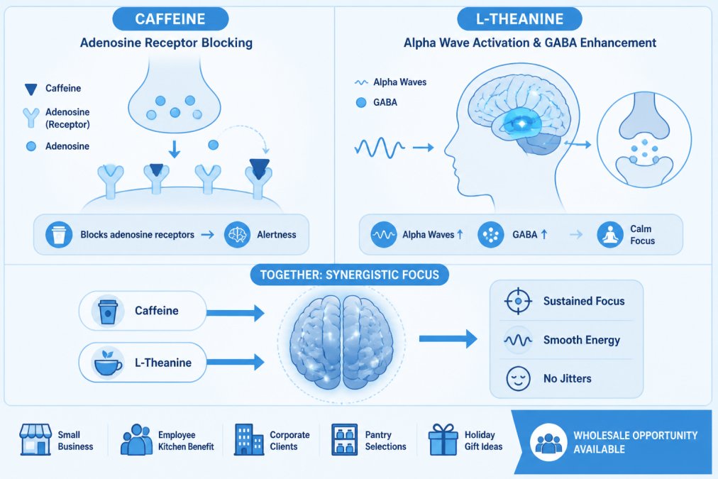 Diagram showing caffeine's adenosine receptor blocking mechanism vs L-theanine's alpha wave activation and GABA enhancement, with arrows indicating how they interact synergistically in the brain for sustained focus without jitters