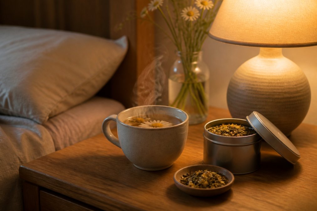 Steaming chamomile tea in a ceramic mug beside a book and loose-leaf tea, a cozy evening alternative to green tea vs herbal