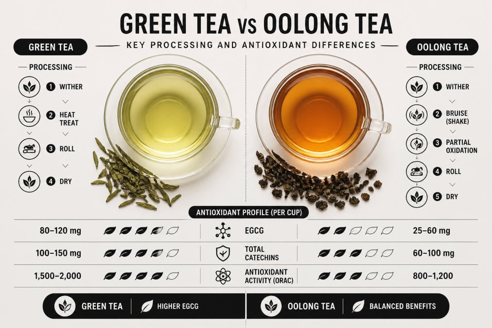 Overhead shot of two glass teacups side by side on a rustic wooden table, one filled with pale green tea and the other with amber oolong tea, loose tea leaves scattered nearby