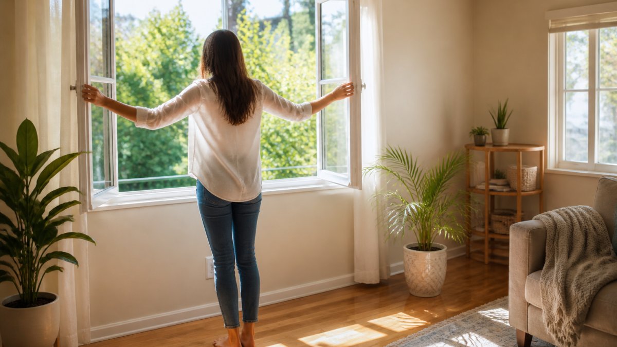 A homeowner opens large windows to improve indoor air quality, a key benefit of green cleaning vs traditional methods.