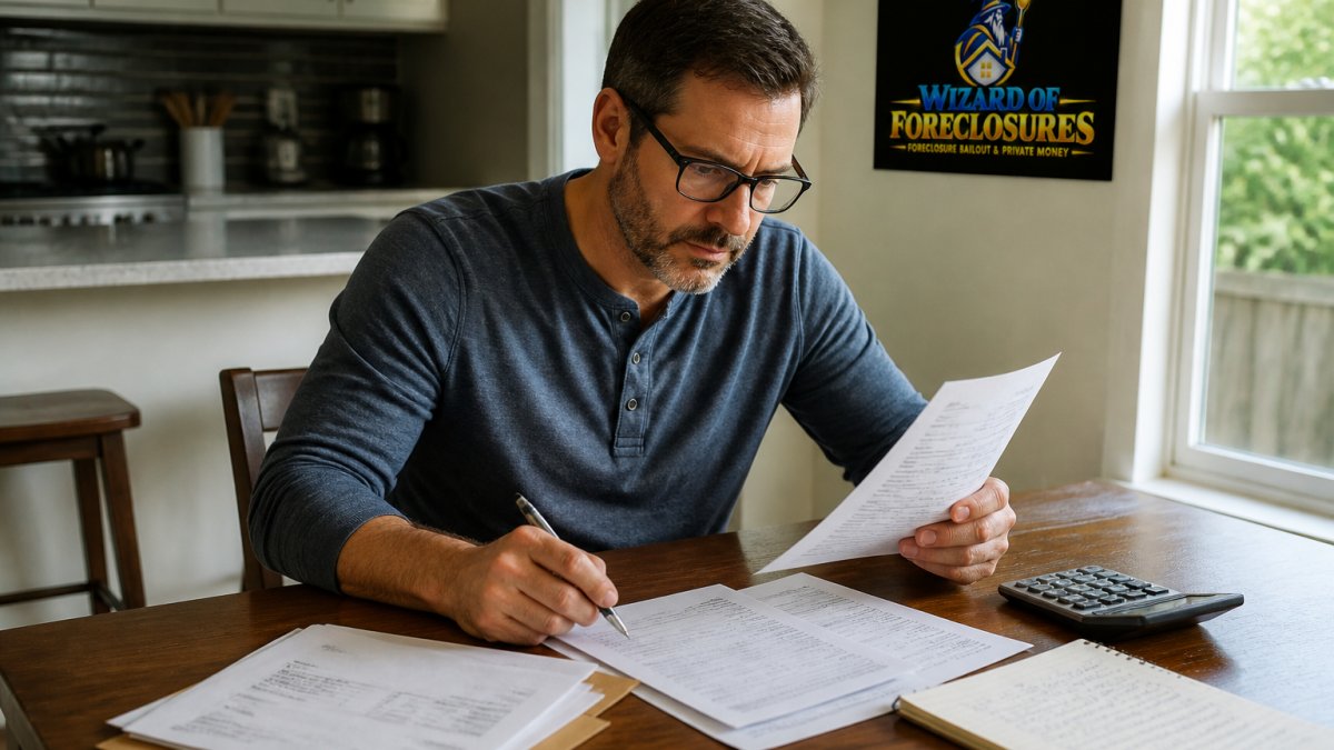 Homeowner sitting at kitchen table with mortgage documents, loan comparison sheets, and calculator, reviewing terms with focused concentration in natural afternoon light