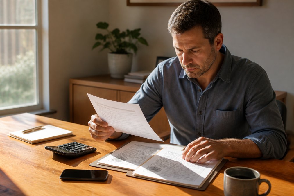 Property owner reviewing loan documents and property deed at a wooden desk with laptop, calculator, and phone nearby, morning light from window, focused expression