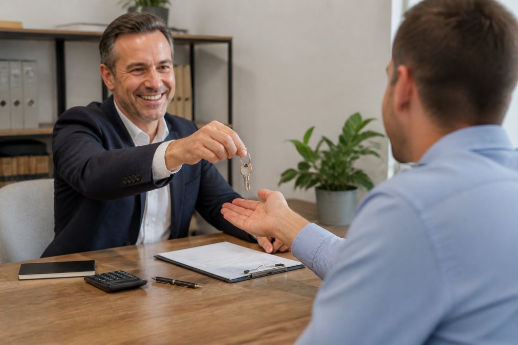 A professional financial advisor handing house keys to a relieved homeowner across a desk, with loan documents and a calculator in view, conveying a fast and supportive closing process