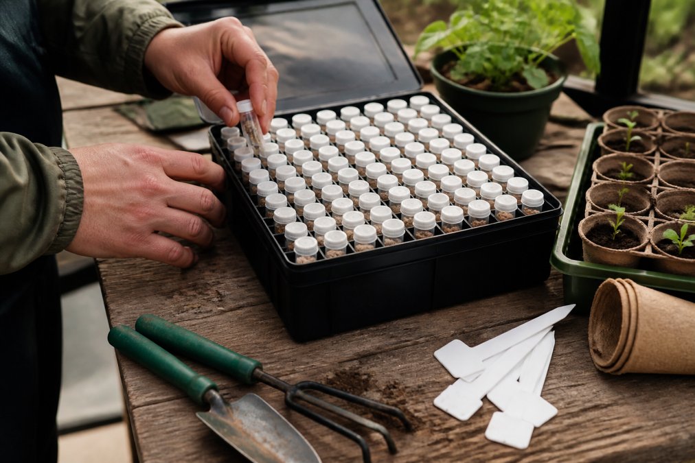 Close-up of hands organizing labeled seed vials into a structured storage case on a wooden potting bench, with small gardening tools and plant markers arranged nearby in warm indoor light