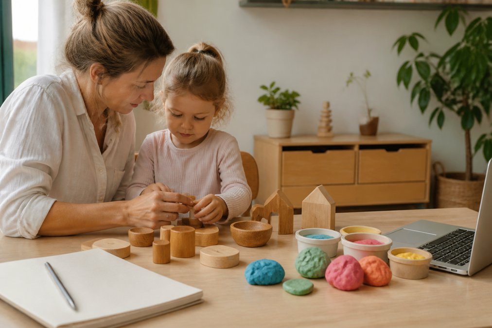 Ouder en kind spelen met houten speelgoed voor de Greenjump vs Eco-logisch speelgoed vergelijking aan tafel.