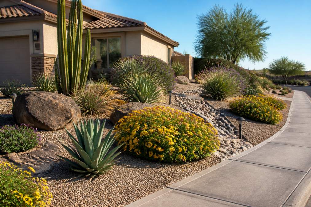 A well-designed front yard in Phoenix with gravel, drought-tolerant plants like agave and lantana, and a clean desert landscaping aesthetic, captured in bright afternoon sunlight