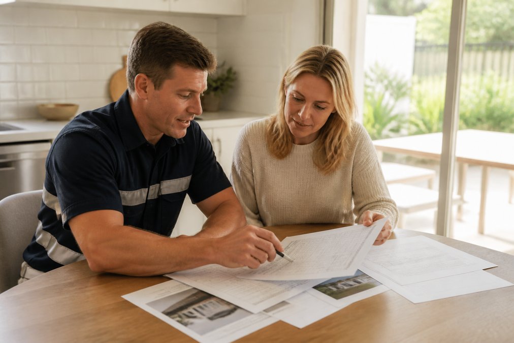 Licensed electrician and homeowner sitting at kitchen table reviewing itemised solar quotes and system design diagrams with natural window lighting, discussing installation options