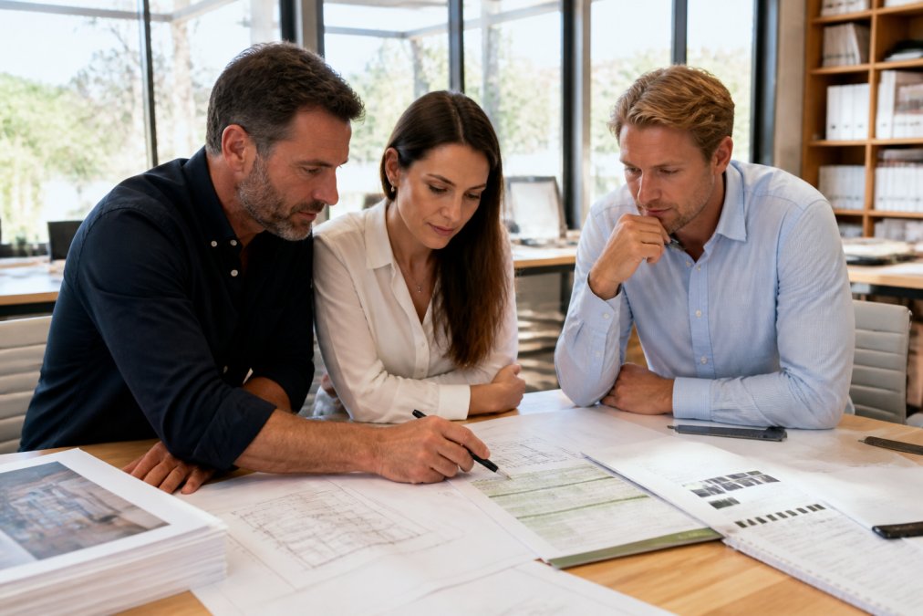 Architects and builders reviewing energy compliance documentation and thermal performance reports together at a design studio desk, natural daylight from large windows, digital screens showing BASIX modelling