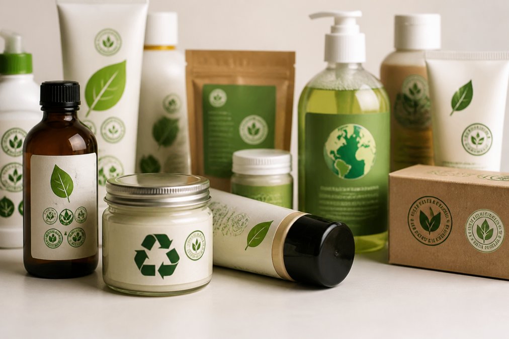 Nahaufnahme von Produktverpackungen mit grünen Labels, Bio-Siegeln und Umweltsymbolen auf hellem Hintergrund, die verschiedene Greenwashing-Strategien zeigen