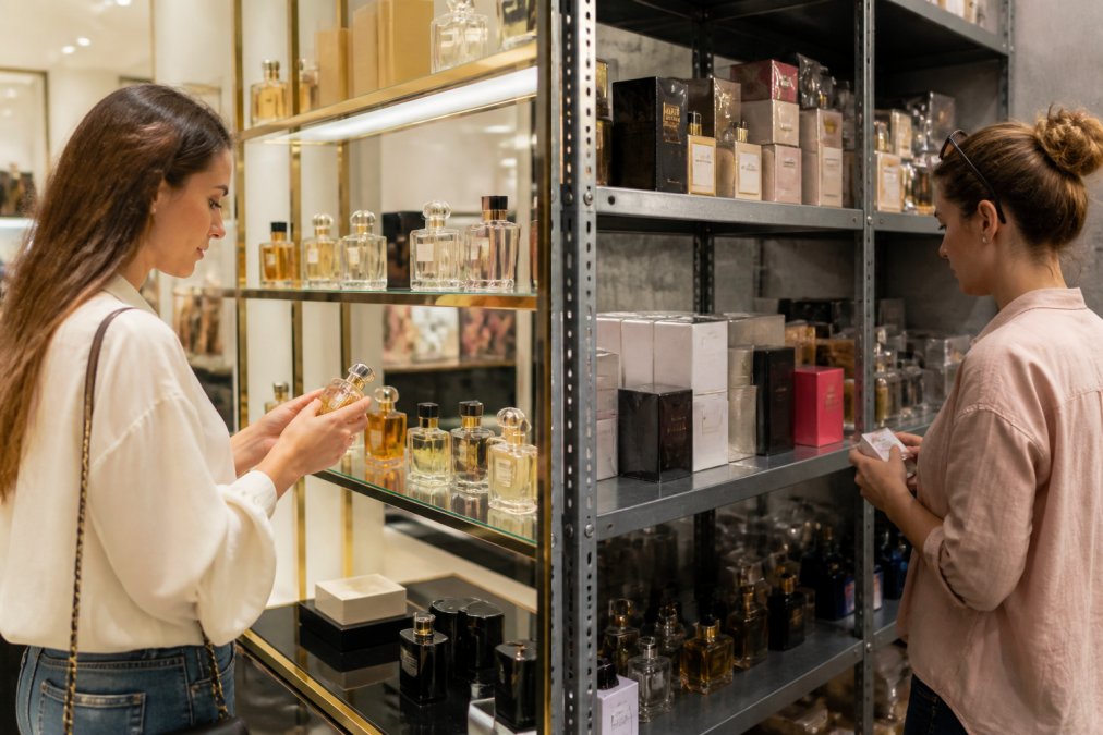 Customer browsing a curated selection of luxury fragrances displayed on elegant glass shelves in a bright, upscale boutique retail environment with professional lighting and refined décor