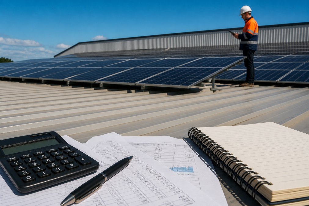 A commercial rooftop covered with rows of solar panels, with an engineer in high-visibility clothing and a hard hat inspecting the installation against a clear blue sky