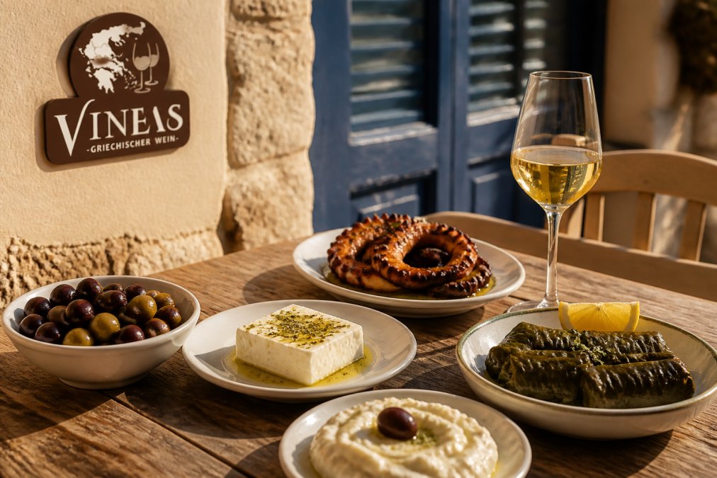 A rustic wooden table set with small plates of Greek meze: olives, feta, grilled octopus, dolmades, and a glass of white wine, warm Mediterranean evening light