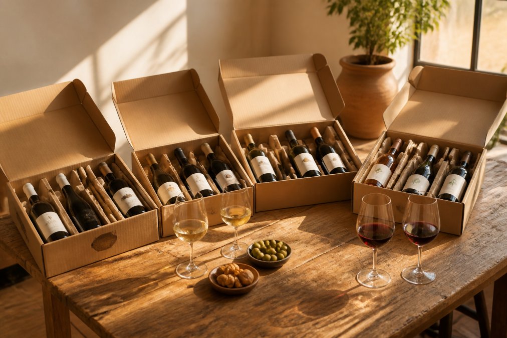 Vier geöffnete Weinprobierpakete mit verschiedenen griechischen Weinflaschen auf einem Holztisch, daneben Gläser mit Weiß- und Rotwein, warmes mediterranes Licht fällt durch ein Fenster