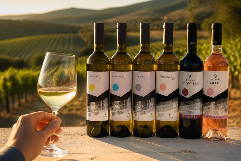 Close-up of a person's hand gently holding a glass of pale golden Greek white wine, warm afternoon sunlight streaming through the glass casting a golden glow, vineyard rows softly blurred in the background