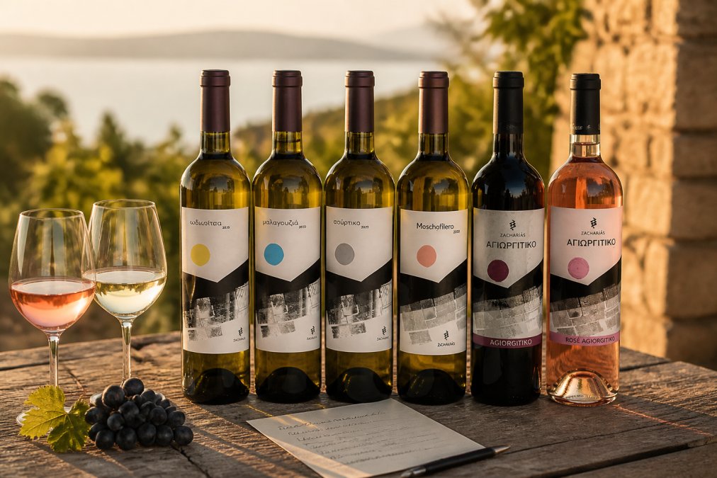 Six wine bottles from a Greek wine tasting package standing upright on a rustic wooden table, accompanied by two filled wine glasses, a small bunch of dark grapes, and a handwritten tasting note card, warm Mediterranean late-afternoon light casting soft shadows