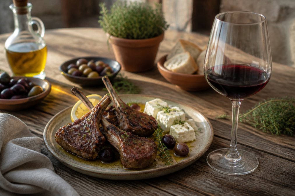 Glas mit griechischem Rotwein neben Teller mit mediterranem Essen - gegrilltes Lamm, Feta-Käse, Olivenöl und frischen Kräutern wie Oregano und Thymian auf rustikalem Holztisch unter warmem Licht