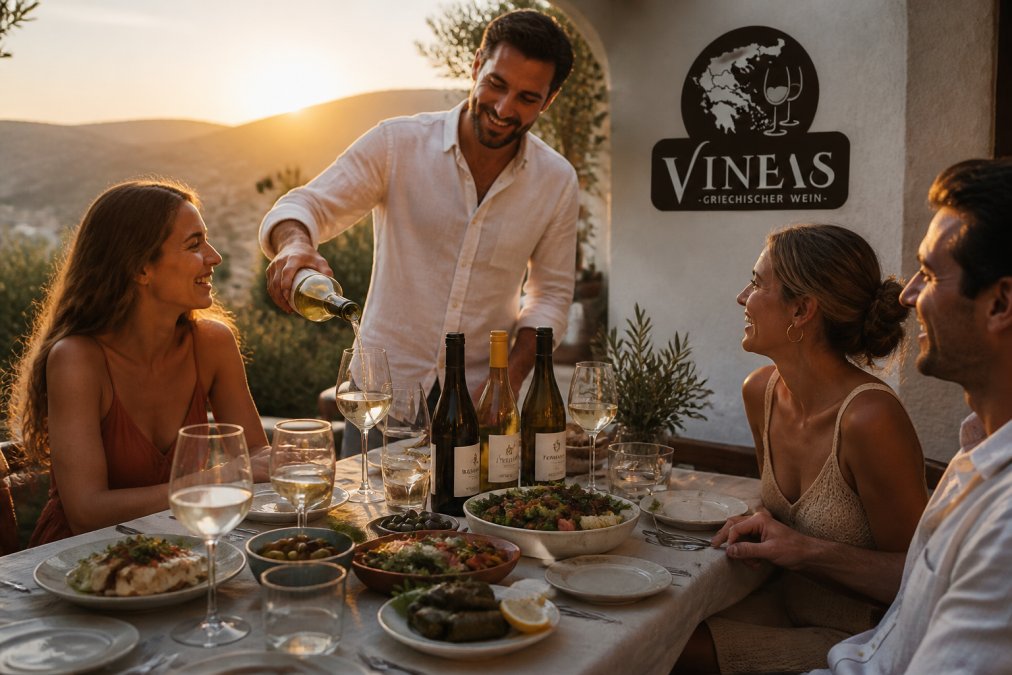 Gastgeber schenkt Wein an einem elegant gedeckten Tisch mit mediterranen Speisen ein