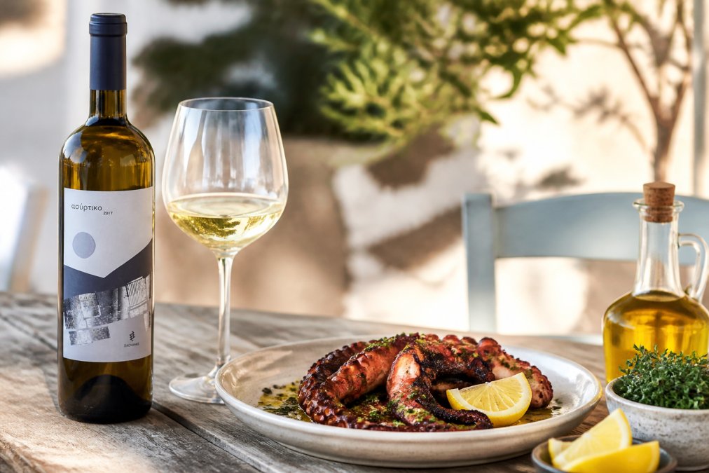 Gekühltes Weißweinglas mit hellgoldenem Assyrtiko neben einem Teller gegrilltem Oktopus und Zitronenscheiben auf einem rustikalen mediterranen Holztisch mit Olivenöl und frischen Kräutern, warmes Mittagslicht