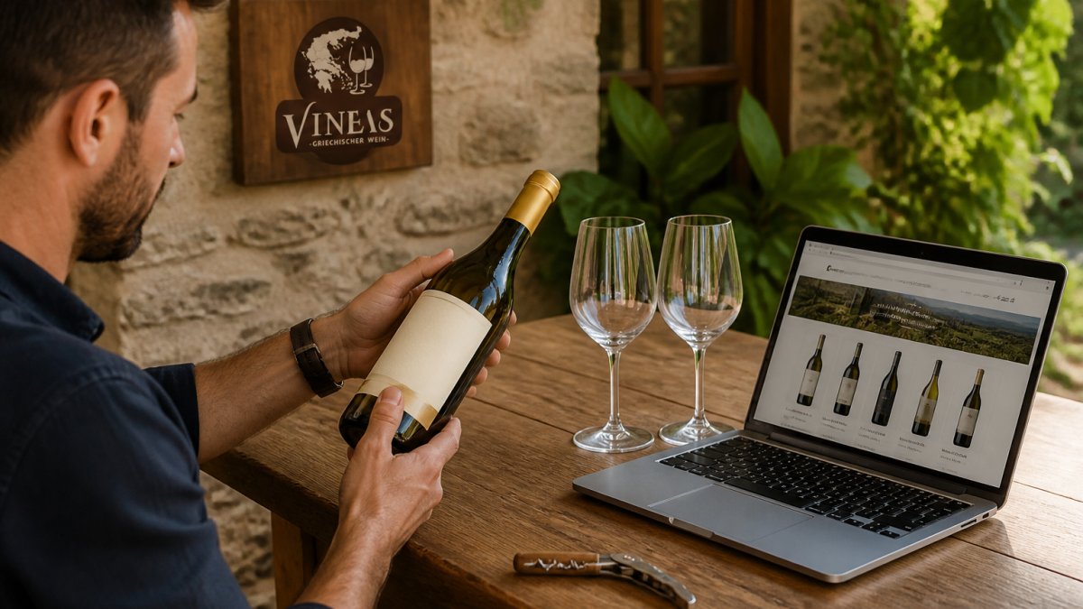 Eine Person sitzt an einem Holztisch, öffnet eine Weinflasche und prüft das Etikett, während daneben ein Laptop mit einer Wein-Shop-Website geöffnet ist und zwei Weingläser bereitstehen