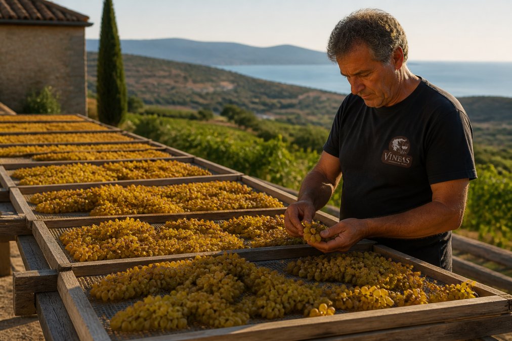 Sonnengetrocknete Trauben auf traditionellen Holzgestellen in einer griechischen Weinlandschaft, daneben ein Winzer bei der Kontrolle der Trocknung im warmen Nachmittagslicht