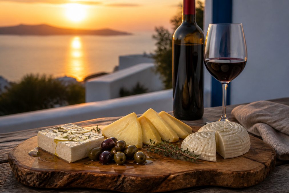 Eine rustikale Holzplatte mit verschiedenen griechischen Käsesorten wie Feta, Graviera und Manouri, garniert mit Oliven und Kräutern, daneben ein Glas Rotwein und eine Flasche Wein im warmen Abendlicht