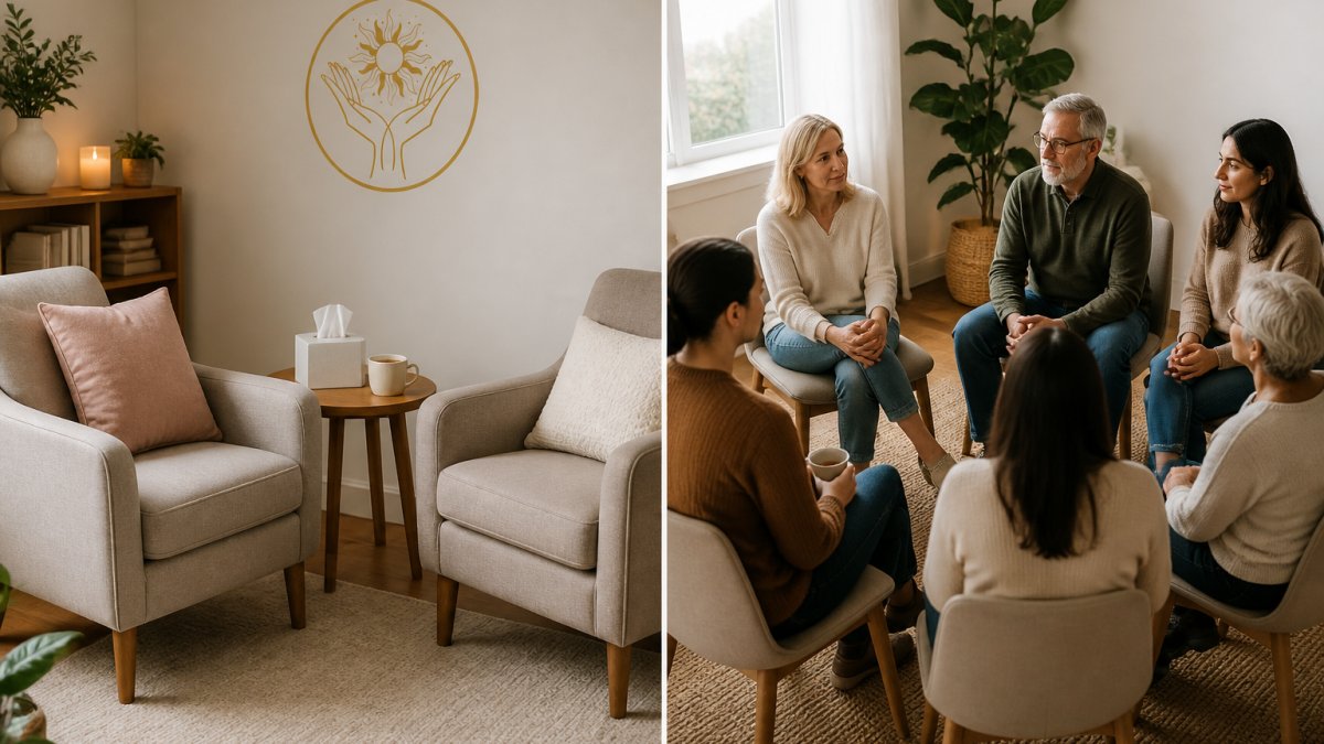 Comparison infographic showing the differences between one-to-one grief counselling and group grief support sessions.