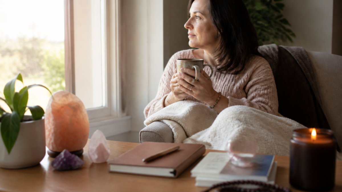 A woman sits by a sunlit window with tea and a journal, finding a calm moment of reflection for grief support.