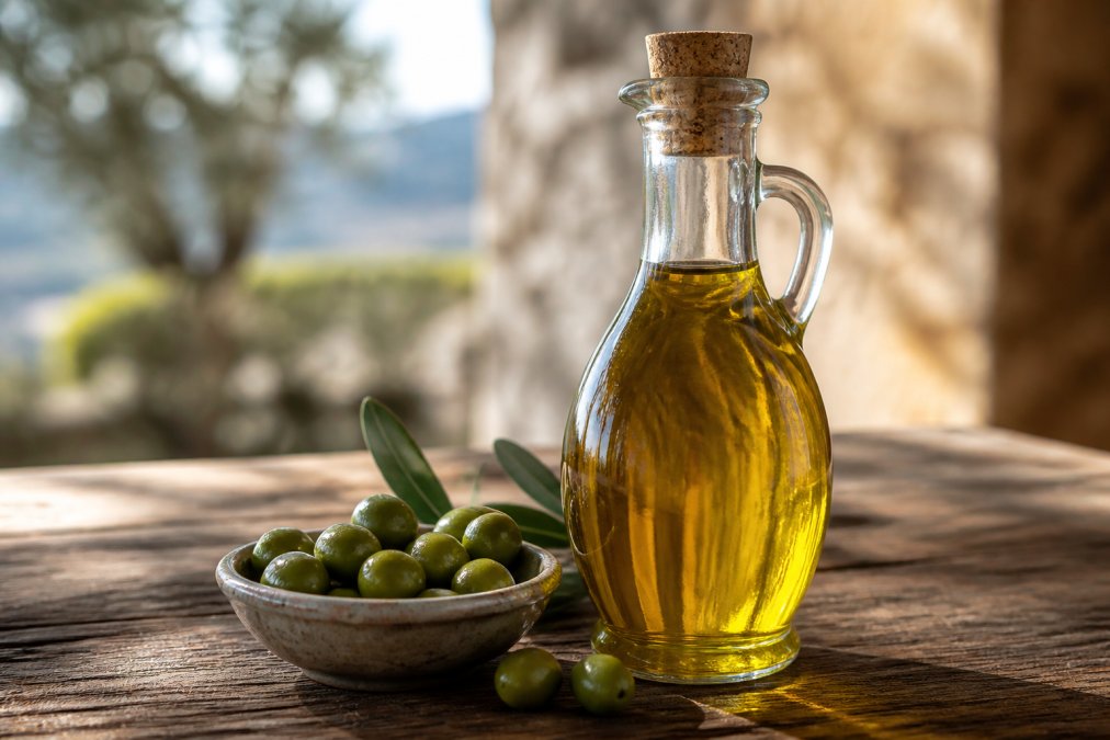 Close-up van een glazen fles extra vierge olijfolie op een houten tafel, met een klein schaaltje met groene Koroneiki-olijven ernaast, zachte daglichtinval van opzij