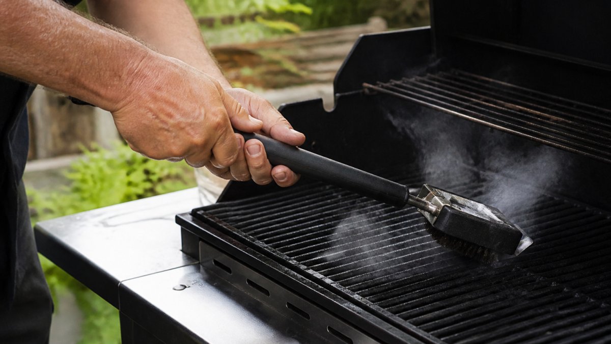 Close-up of hands gripping a grill brush with proper technique, using downward pressure on hot grates with visible steam rising, natural outdoor lighting