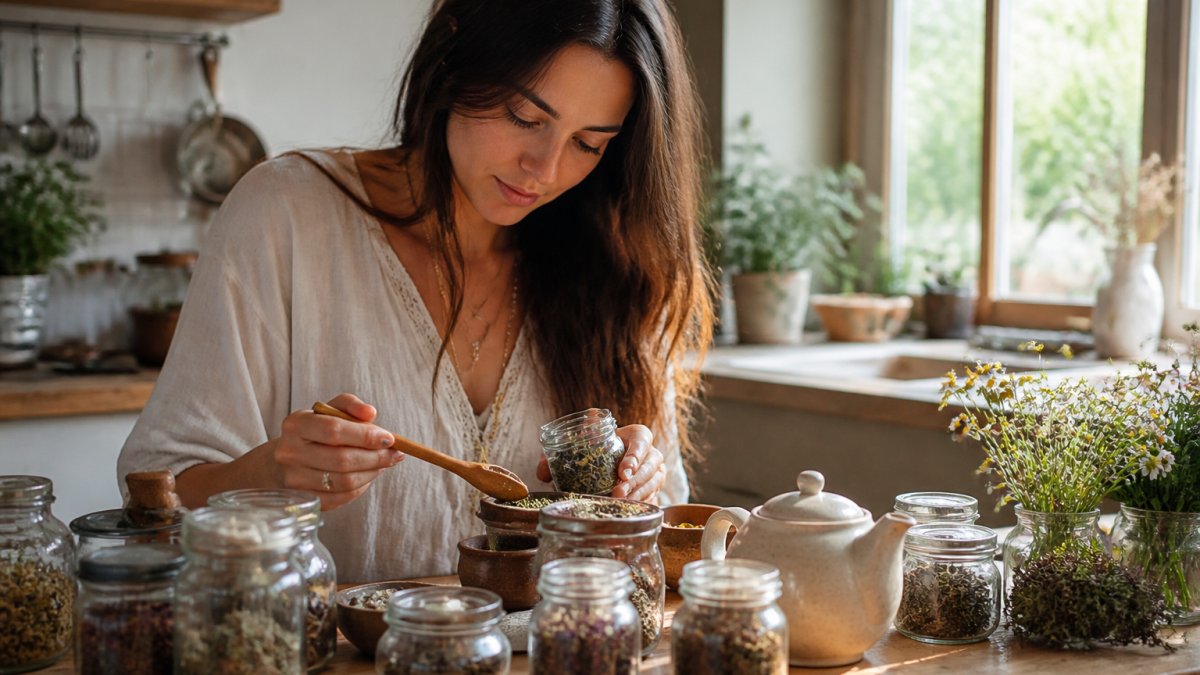 A cozy kitchen counter with small glass jars of dried herbs, a wooden spoon, and a ceramic teapot, soft morning light streaming through a window