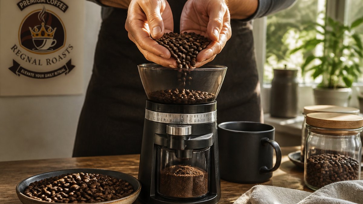 Close-up of hands holding whole coffee beans above a burr grinder, with freshly ground coffee visible in the catch container, natural morning light