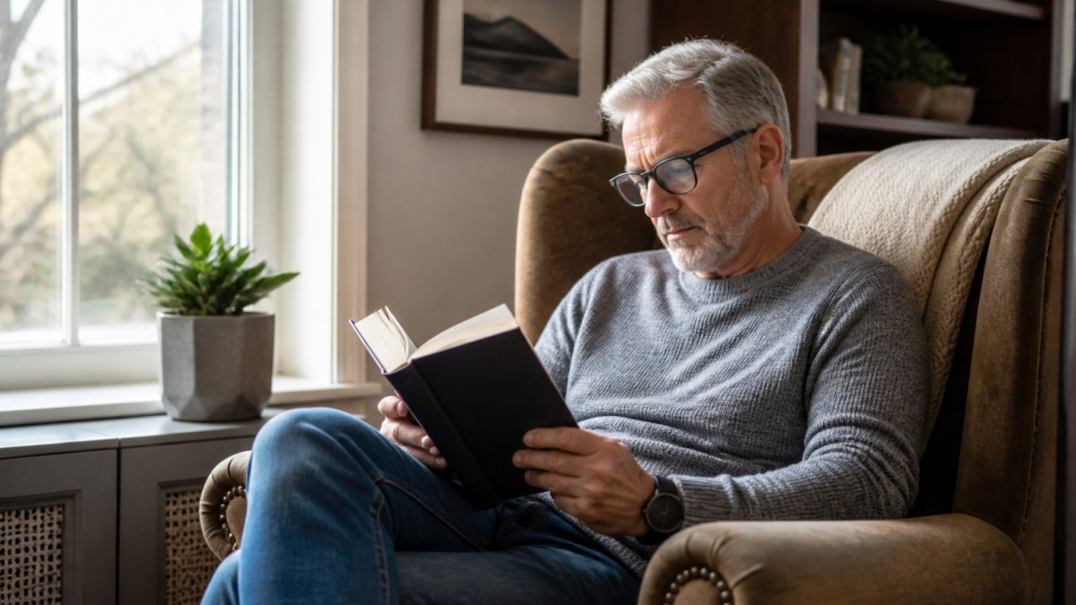 Reader absorbed in a gripping novel, sitting in a comfortable armchair with natural light streaming from a nearby window, showing focused engagement with the book