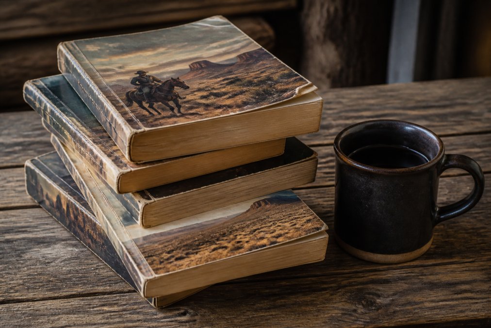 A stack of well-worn paperback books with rugged western landscapes on their covers, resting on a weathered wooden table beside a coffee mug
