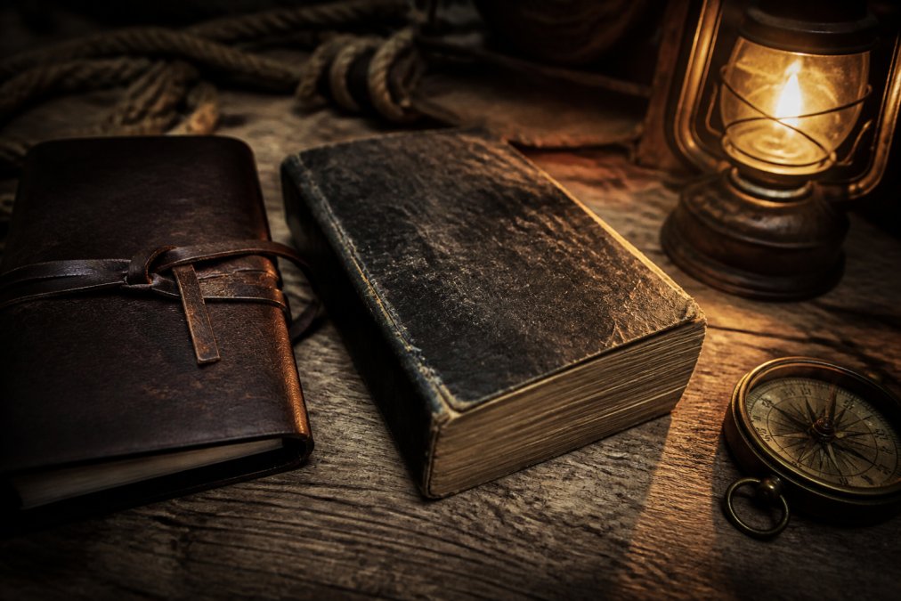 A weathered paperback copy of a dark frontier novel resting on a rough wooden table beside a leather-bound journal and a vintage brass compass, warm amber light from a nearby lantern casting long shadows across the scene