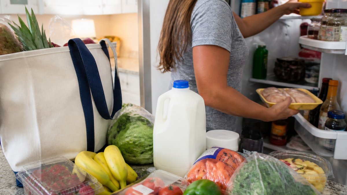 A bright beach rental kitchen counter with grocery bags being unpacked, fresh produce and cold items visible, a person arranging items into the open refrigerator